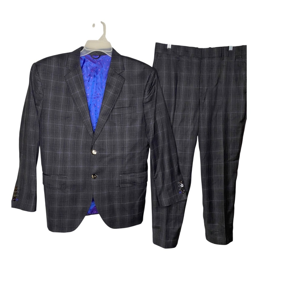 iTailor Mens Wool Blend Grey Plaid 2 Piece Suit Purple Paisley Lining 40R 34x26